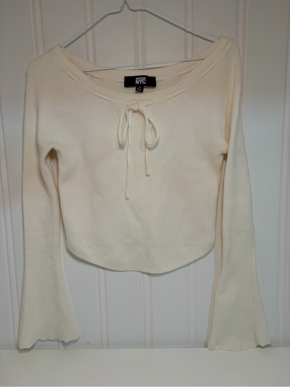 NYC Cream Tie-Neck Scoop Sweater